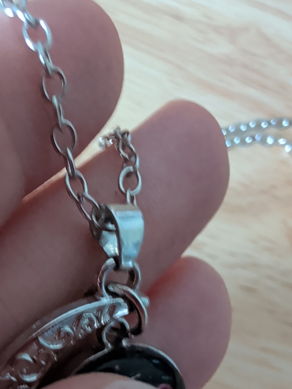 Silver Crescent Moon Necklace with Black and Pink Galaxy Pendant - Picture 4 of 5